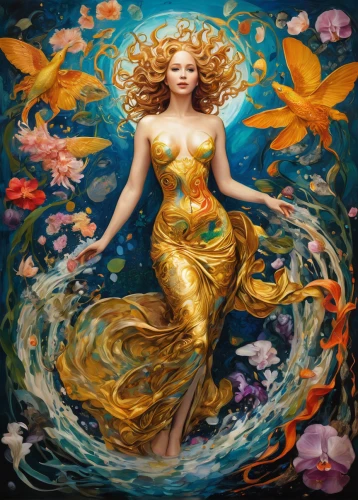 gold foil mermaid,merfolk,water nymph,the zodiac sign pisces,mermaid,mermaid background,believe in mermaids,the sea maid,mermaid vectors,the blonde in the river,aphrodite,mermaids,siren,gold fish,god of the sea,pisces,zodiac sign libra,fantasy art,fantasia,yellow fish,Illustration,Realistic Fantasy,Realistic Fantasy 39