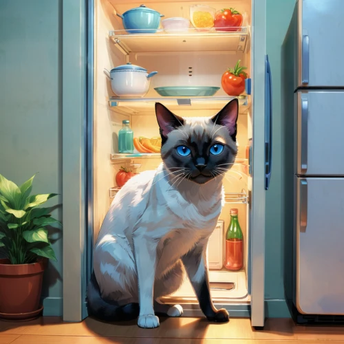 siamese cat,fridge,refrigerator,domestic cat,tonkinese,cat food,domestic short-haired cat,cat image,cat cartoon,cartoon cat,freezer,cute cat,domestic animal,cat vector,blue eyes cat,pet food,siamese,cat supply,funny cat,anthropomorphized animals,Illustration,Japanese style,Japanese Style 03