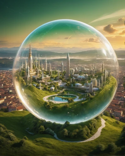 futuristic landscape,terraforming,fantasy city,giant soap bubble,fantasy world,quarantine bubble,glass sphere,smart city,copernican world system,planet eart,utopian,dream world,tomorrowland,crystal ball,alien planet,earth in focus,ecological sustainable development,prospects for the future,green bubbles,planet earth,Photography,General,Fantasy