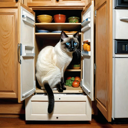 siamese cat,kitchen cabinet,kitchen appliance accessory,birman,domestic cat,funny cat,cat image,dishwasher,fridge,major appliance,kitchen appliance,cat food,pet vitamins & supplements,tonkinese,refrigerator,looking for food,galley,domestic animal,hanging cat,caterer,Illustration,American Style,American Style 01