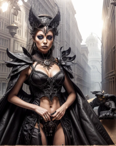 fantasy woman,the enchantress,sorceress,gothic fashion,fantasy art,masquerade,the carnival of venice,crow queen,dark angel,catwoman,heroic fantasy,digital compositing,huntress,goddess of justice,queen of the night,image manipulation,photoshop manipulation,pantheon,venetian mask,gothic woman