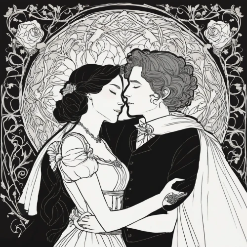 amorous,wedding icons,married,kissing,matrimony,a fairy tale,young couple,first kiss,queen anne,art nouveau,princesses,wedding couple,romance novel,silver wedding,coloring page,prince and princess,hand-drawn illustration,fairy tale,fairytales,honeymoon,Illustration,Black and White,Black and White 02