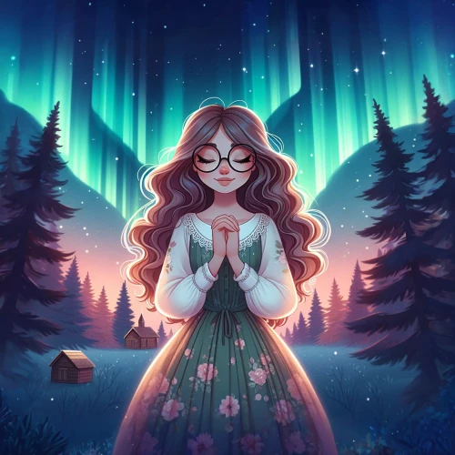 girl praying,mystical portrait of a girl,star mother,enchanted,fantasy portrait,game illustration,fairy galaxy,cg artwork,meditation,praying woman,forest of dreams,aurora,woman praying,falling stars,magical,meditative,fairy tale character,owl background,the spirit of the mountains,digital illustration