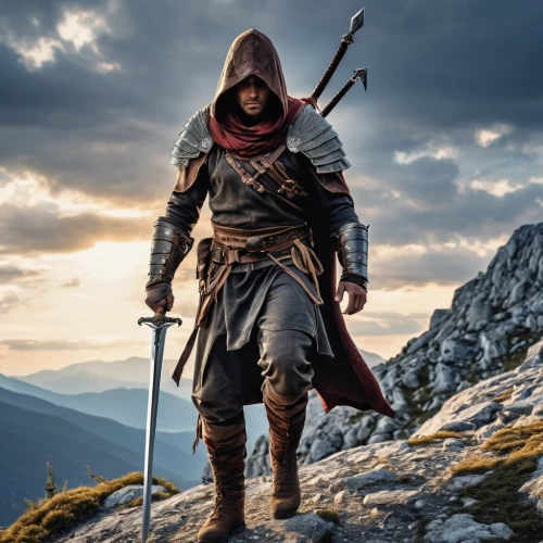 hooded man,massively multiplayer online role-playing game,assassin,the wanderer,heroic fantasy,robin hood,king arthur,witcher,lone warrior,longbow,red hood,awesome arrow,mountain guide,assassins,full hd wallpaper,male character,best arrow,digital compositing,biblical narrative characters,bow and arrows,Photography,General,Realistic