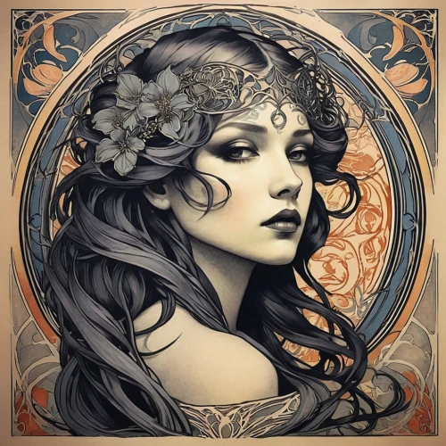 art nouveau,art nouveau design,laurel wreath,art deco woman,boho art,mucha,mystical portrait of a girl,dryad,zodiac sign libra,girl in a wreath,art nouveau frame,the zodiac sign pisces,faery,fantasy portrait,filigree,the enchantress,gypsy soul,moonflower,decorative figure,gold foil art,Illustration,Retro,Retro 03