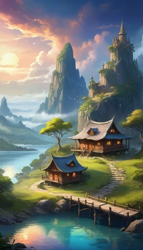 fantasy landscape,landscape background,home landscape,japan landscape,world digital painting,an island far away landscape,mountain settlement,mountain scene,mountain landscape,fantasy picture,mountainous landscape,studio ghibli,japanese background,beautiful landscape,cartoon video game background,yunnan,ancient city,meteora,mountain village,high landscape,Illustration,Realistic Fantasy,Realistic Fantasy 01