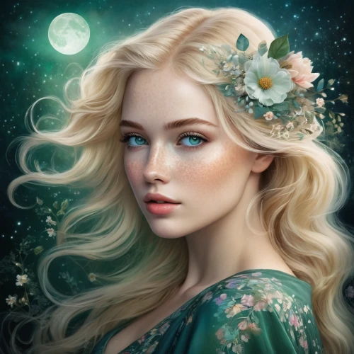 fantasy portrait,jessamine,elven flower,fairy queen,elsa,faery,mystical portrait of a girl,faerie,fantasy art,romantic portrait,rosa 'the fairy,aurora,fairy tale character,white rose snow queen,eglantine,fantasy picture,flower fairy,fae,celtic queen,virgo,Illustration,Abstract Fantasy,Abstract Fantasy 01