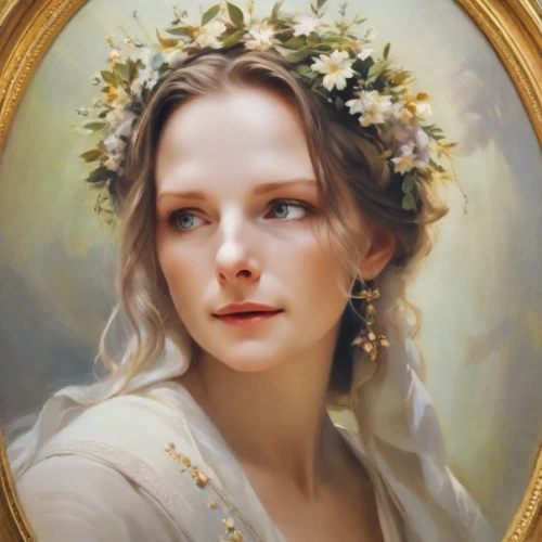 girl in a wreath,romantic portrait,portrait of a girl,emile vernon,fantasy portrait,mystical portrait of a girl,portrait of a woman,woman portrait,jessamine,girl portrait,girl in flowers,vintage female portrait,wreath of flowers,bouguereau,floral wreath,golden wreath,young woman,white lady,oil painting,blooming wreath