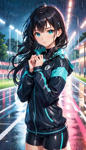 rainy,in the rain,gomashio,nico,cyan,rain suit,walking in the rain,rain,umbrella,rain field,heavy rain,rain lily,rainy season,blue rain,raincoat,raindops,windbreaker,euphonium,precipitation,mikuru asahina,Anime,Anime,Realistic