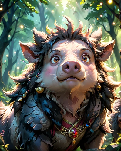 boar,forest king lion,scandia gnome,faun,druid,wild boar,fantasy portrait,ninebark,druid grove,forest animal,lokportrait,forest dragon,hoglet,fae,goatflower,wombat,woodland animals,anthropomorphized animals,kobold,acorns,Anime,Anime,Cartoon