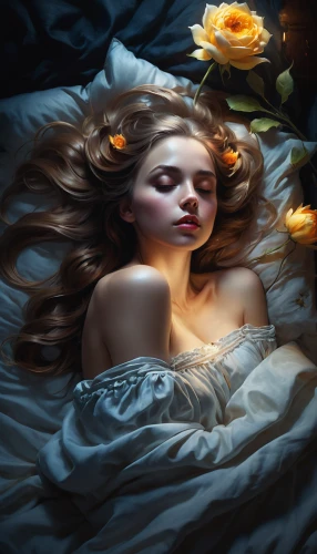 the sleeping rose,sleeping rose,rose sleeping apple,yellow rose,woman on bed,girl in bed,scent of roses,sleeping beauty,romantic rose,with roses,rose flower illustration,fallen petals,gold yellow rose,fantasy art,orange rose,seerose,jessamine,insomnia,yellow orange rose,yellow rose background,Conceptual Art,Fantasy,Fantasy 11