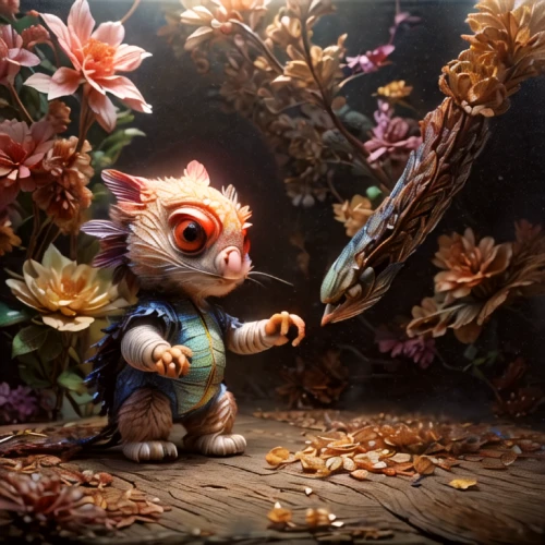 scandia gnome,whimsical animals,dormouse,flower cat,blossom kitten,fairytale characters,gnome,fairy tale character,anthropomorphized animals,3d fantasy,bard,scandia gnomes,flower painting,prickle,fantasy art,children's background,faery,conker,art bard,gnomes