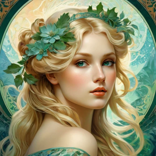 fantasy portrait,faery,faerie,jessamine,fairy queen,laurel wreath,dryad,girl in a wreath,emile vernon,mystical portrait of a girl,elven flower,flora,fantasy art,golden wreath,camellia,moonflower,aphrodite,fae,jasmine blossom,rose wreath,Conceptual Art,Fantasy,Fantasy 05