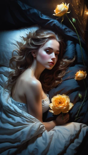 the sleeping rose,sleeping rose,rose sleeping apple,yellow rose,yellow orange rose,orange rose,yellow roses,gold yellow rose,yellow rose background,scent of roses,fallen petals,orange roses,sleeping beauty,faery,fallen flower,blue rose,blue moon rose,sleeping apple,orange blossom,with roses,Conceptual Art,Fantasy,Fantasy 11