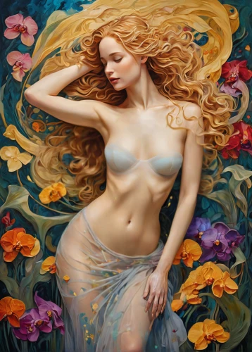 secret garden of venus,fantasy art,girl in flowers,aphrodite,blonde woman,flora,the blonde in the river,flower of passion,magnolia,fantasy woman,venus,dryad,flower fairy,fantasy portrait,siren,bodypainting,faerie,golden haired,oil painting on canvas,water nymph