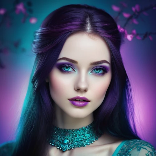 fantasy portrait,violet head elf,mermaid background,faery,violet eyes,lilac blossom,fantasy art,faerie,mystical portrait of a girl,fairy queen,romantic portrait,purple lilac,violet,fantasy picture,romantic look,purple rose,violet colour,portrait background,lilac flower,fairy peacock,Illustration,Realistic Fantasy,Realistic Fantasy 15