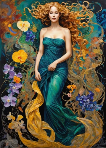 celtic woman,green mermaid scale,virgo,the zodiac sign pisces,water nymph,rusalka,flora,fantasy art,fantasia,andromeda,aphrodite,fantasy portrait,fantasy woman,zodiac sign libra,girl in flowers,the blonde in the river,golden flowers,mermaid,mermaid vectors,art nouveau,Illustration,Realistic Fantasy,Realistic Fantasy 39