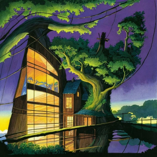 tree house,treehouse,greenhouse cover,greenhouse,tree house hotel,greenhouse effect,eco-construction,cd cover,tropical house,home landscape,eco hotel,house in the forest,futuristic landscape,house with lake,house silhouette,roof landscape,house by the water,houseboat,treetops,tree top,Illustration,Realistic Fantasy,Realistic Fantasy 04