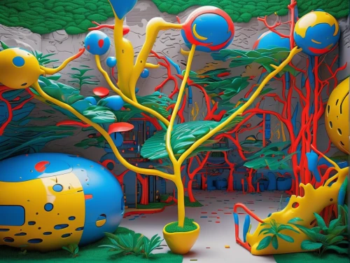 cartoon forest,colorful balloons,underwater playground,3d fantasy,pacifier tree,children's playground,animal balloons,plasticine,corner balloons,play yard,tangle,panoramical,3d render,spheres,playground,climbing garden,play area,mushroom landscape,mini golf course,plastic arts,Photography,General,Sci-Fi