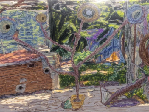 work in the garden,birdhouses,wood and flowers,vincent van gough,insect house,wood and grapes,garden birds,post impressionist,glass painting,bird house,fairy village,on wood,garden sculpture,garden work,garden shed,the garden,farmyard,olive grove,fruit trees,post impressionism