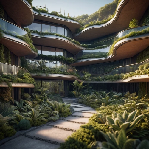 futuristic architecture,futuristic landscape,terraforming,eco hotel,futuristic art museum,biome,3d rendering,kirrarchitecture,eco-construction,garden of plants,virtual landscape,dunes house,render,roof landscape,wine-growing area,modern architecture,roof garden,terraces,archidaily,tropical house,Photography,General,Sci-Fi