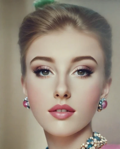 vintage makeup,women's cosmetics,doll's facial features,princess' earring,airbrushed,earrings,model years 1960-63,beautiful face,audrey hepburn,vintage woman,model years 1958 to 1967,audrey,beauty face skin,pompadour,gena rolands-hollywood,eyes makeup,jeweled,barbie doll,pink beauty,beautiful woman