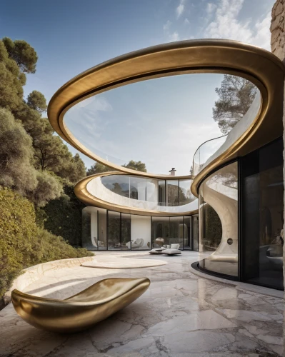 futuristic architecture,jewelry（architecture）,dunes house,luxury property,luxury real estate,saucer,futuristic art museum,gold stucco frame,parabolic mirror,archidaily,luxury bathroom,semi circle arch,golden pot,luxury home,mirror house,exterior mirror,casa fuster hotel,modern architecture,circular staircase,3d bicoin