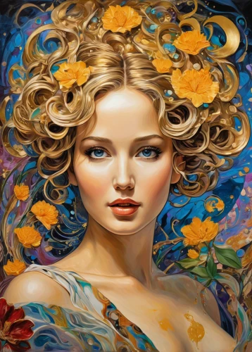 girl in flowers,oil painting on canvas,mystical portrait of a girl,girl in a wreath,beautiful girl with flowers,flower painting,art painting,oil painting,fantasy art,golden flowers,fantasy portrait,flora,flower art,blonde woman,blond girl,boho art,portrait of a girl,sea beach-marigold,splendor of flowers,young girl,Illustration,Realistic Fantasy,Realistic Fantasy 39