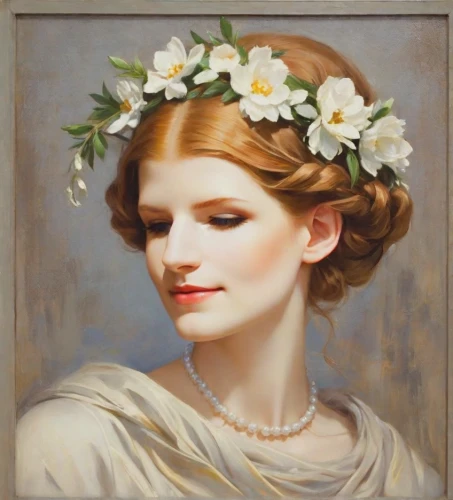 girl in a wreath,emile vernon,marguerite,portrait of a girl,laurel wreath,spring crown,floral wreath,flower crown of christ,vintage female portrait,diademhäher,wreath of flowers,blooming wreath,gardenia,diadem,flora,floral garland,portrait of a woman,romantic portrait,flower crown,girl in flowers