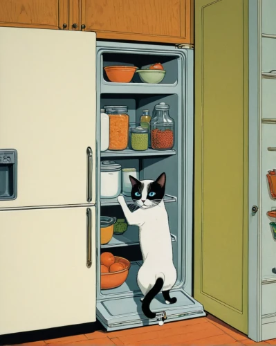 cat cartoon,domestic cat,kitchen cabinet,pantry,vintage cat,cartoon cat,vintage cats,domestic animal,cupboard,cat food,refrigerator,galley,the kitchen,cat european,cat vector,kitchenette,cat image,cat supply,cat drinking tea,jiji the cat,Illustration,American Style,American Style 15