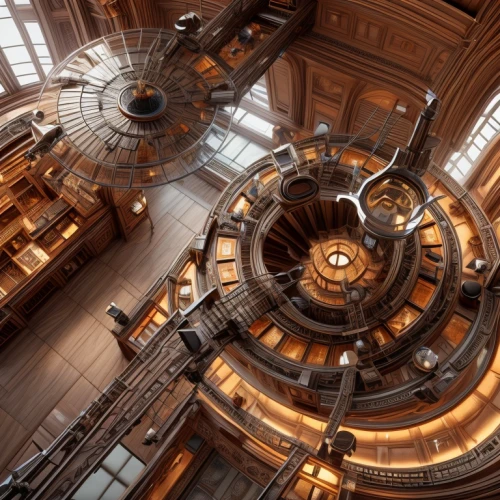 panopticon,spiral staircase,winding staircase,circular staircase,fractal environment,industrial tubes,steampunk gears,powerplant,armillary sphere,fractal design,biomechanical,distillation,turrets,solar cell base,radial,steampunk,elevators,power plant,combined heat and power plant,spiral stairs