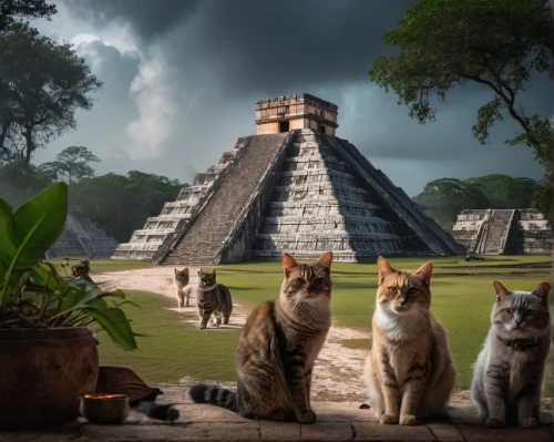 chichen-itza,chichen itza,maya civilization,mesoamerican ballgame,maya city,yucatan,cat family,felines,stone pyramid,fantasy picture,pyramids,eastern pyramid,tacamahac,step pyramid,belize,cat tree of life,aztec,ancient city,photomanipulation,ancient buildings,Photography,General,Fantasy