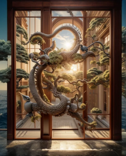 chinese dragon,japanese garden ornament,chinese screen,japanese-style room,sōjutsu,ryokan,dragon li,chinese water dragon,chinese temple,wyrm,digital compositing,japanese shrine,dragon bridge,oriental painting,japanese zen garden,snake tree,feng shui,hanging temple,bonsai,golden dragon