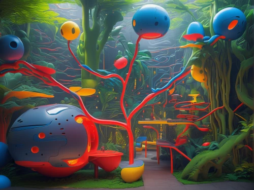 cartoon forest,underwater playground,aquarium,mushroom landscape,3d fantasy,fairy forest,3d render,panoramical,treehouse,spheres,haunted forest,tangle,pacifier tree,tree grove,children's playground,biome,rainforest,enchanted forest,cartoon video game background,rain forest,Photography,General,Sci-Fi