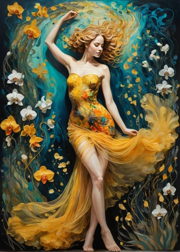 girl in flowers,faerie,flower fairy,yellow petals,faery,yellow petal,the garden marigold,fantasy art,water nymph,the zodiac sign pisces,helianthus,orange blossom,yellow orange rose,falling flowers,marigold,yellow garden,golden flowers,dryad,sunflowers in vase,yellow chrysanthemum,Illustration,Realistic Fantasy,Realistic Fantasy 39