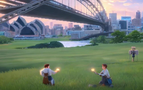 violet evergarden,studio ghibli,summer evening,romantic scene,evening atmosphere,odaiba,love bridge,travelers,meadow play,musical background,idyllic,sydney outlook,idyll,riverside,girl and boy outdoor,fireflies,fantasy city,sydney bridge,dream world,sound of music,Game&Anime,Pixar 3D,Pixar 3D