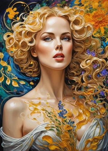 fantasy art,fantasy portrait,golden flowers,golden passion flower butterfly,golden haired,girl in flowers,flora,golden lilac,mystical portrait of a girl,faerie,art painting,faery,splendor of flowers,gold filigree,blonde woman,orange blossom,flower gold,golden wreath,world digital painting,oil painting on canvas,Illustration,Realistic Fantasy,Realistic Fantasy 39