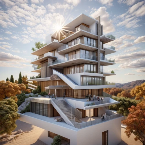 sky apartment,residential tower,modern architecture,block balcony,skyscapers,modern house,3d rendering,futuristic architecture,habitat 67,condominium,balconies,penthouse apartment,dunes house,cubic house,contemporary,apartment building,multi-storey,appartment building,modern building,apartment block