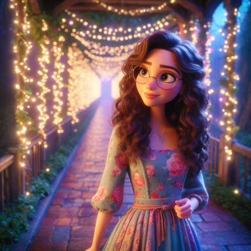 rapunzel,moana,agnes,tangled,enchanted,merida,cinderella,romantic look,tiana,magical,luminous,disney character,a girl in a dress,rosa 'the fairy,rosa ' the fairy,with glasses,enchanting,hula,luminous garland,girl in a wreath