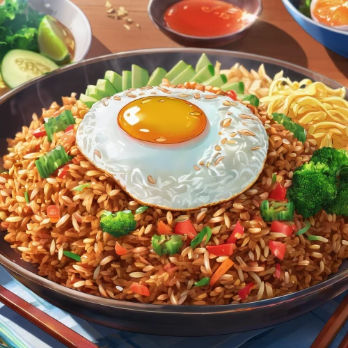 mie goreng,nasi goreng,indomie,special fried rice,kimchi fried rice,rice with fried egg,bibimbap,thai fried rice,fried rice,egg wrapped fried rice,yeung chow fried rice,rice with minced pork and fried egg,korean royal court cuisine,korean cuisine,korean chinese cuisine,naengmyeon,yakisoba,singapore-style noodles,prawn fried rice,instant noodles,Illustration,Japanese style,Japanese Style 03