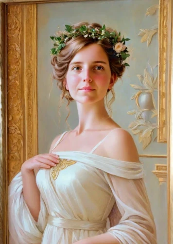 girl in a wreath,emile vernon,portrait of a girl,girl in flowers,portrait of a woman,romantic portrait,art nouveau frame,young woman,marguerite,laurel wreath,girl with bread-and-butter,cepora judith,vintage female portrait,floral wreath,wreath of flowers,girl in a historic way,flower crown of christ,jane austen,artist portrait,blooming wreath