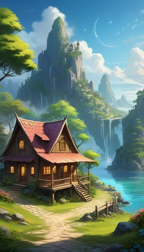 fantasy landscape,home landscape,landscape background,summer cottage,mountain settlement,an island far away landscape,house in mountains,house by the water,house in the mountains,cottage,log cabin,fantasy picture,house in the forest,the cabin in the mountains,backgrounds,house with lake,lonely house,cartoon video game background,aurora village,world digital painting,Illustration,Realistic Fantasy,Realistic Fantasy 01