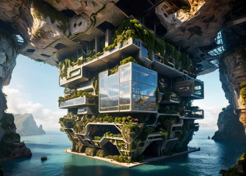 cube stilt houses,cubic house,tree house hotel,floating islands,cube house,artificial island,island suspended,futuristic landscape,fractal environment,hanging houses,sky apartment,futuristic architecture,floating island,cube sea,apartment block,tree house,eco hotel,floating huts,cubic,terraforming,Photography,General,Sci-Fi