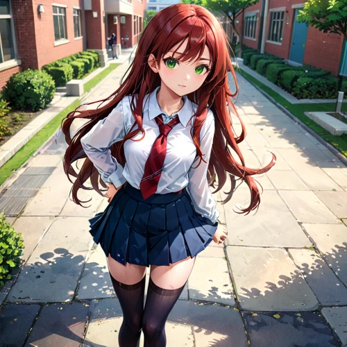 red-haired,mikuru asahina,school uniform,schoolgirl,mc,school clothes,school skirt,on the roof,red bricks,maki,standing behind,kotobukiya,asuka langley soryu,erika,brick background,anime girl,redhair,wiz,outside,honmei choco,Anime,Anime,General