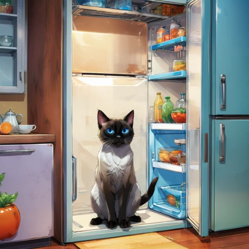 domestic cat,fridge,refrigerator,cat vector,halloween cat,gray cat,cat cartoon,domestic long-haired cat,cat food,halloween black cat,cat frame,russian blue cat,food warmer,siamese cat,kitchen cabinet,gray kitty,pet food,domestic short-haired cat,pet portrait,domestic animal,Illustration,Japanese style,Japanese Style 03