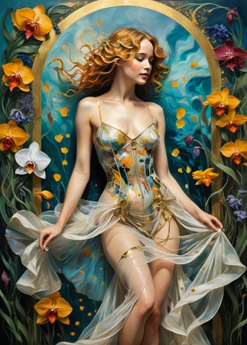 faerie,faery,the zodiac sign pisces,fantasy art,flower fairy,secret garden of venus,girl in flowers,fairy queen,spring equinox,fantasy picture,aphrodite,jessamine,dryad,zodiac sign libra,girl in the garden,fantasy portrait,virgo,golden flowers,fantasy woman,flora,Illustration,Realistic Fantasy,Realistic Fantasy 39