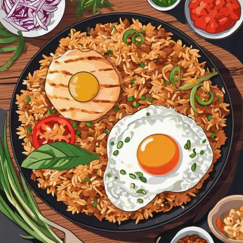nasi goreng,rice with fried egg,thai fried rice,kimchi fried rice,yeung chow fried rice,kabsa,bibimbap,special fried rice,fried rice,egg wrapped fried rice,pilaf,arroz con pollo,rice with minced pork and fried egg,rice dish,yakisoba,indonesian rice,spiced rice,filipino cuisine,prawn fried rice,indomie,Illustration,Japanese style,Japanese Style 06