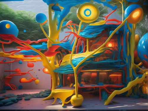 3d fantasy,meticulous painting,dali,cartoon forest,neon ghosts,panoramical,surrealism,bird kingdom,psychedelic art,plastic arts,children's room,graffiti art,aquarium,apiarium,bird bird kingdom,graffiti,neon body painting,dandelion hall,children's interior,fantasia,Photography,General,Sci-Fi