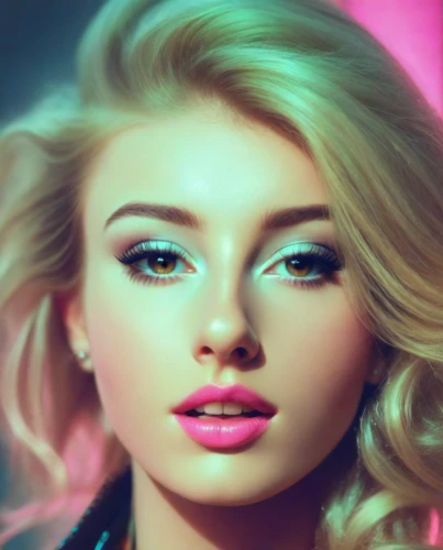 neon makeup,pink beauty,blonde woman,blond girl,barbie doll,blonde girl,cool blonde,beautiful young woman,vintage makeup,barbie,airbrushed,retouching,romantic look,retro girl,women's cosmetics,doll's facial features,pretty young woman,bright pink,retouch,retro woman