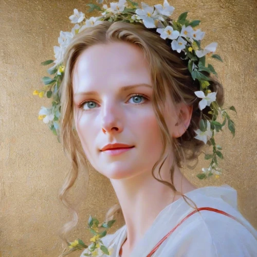 girl in a wreath,portrait of a girl,marguerite,girl in flowers,flower crown of christ,jessamine,romantic portrait,mystical portrait of a girl,white blossom,lilian gish - female,blooming wreath,fantasy portrait,girl portrait,beautiful girl with flowers,flora,portrait of christi,oil painting,flower crown,wreath of flowers,marguerite daisy